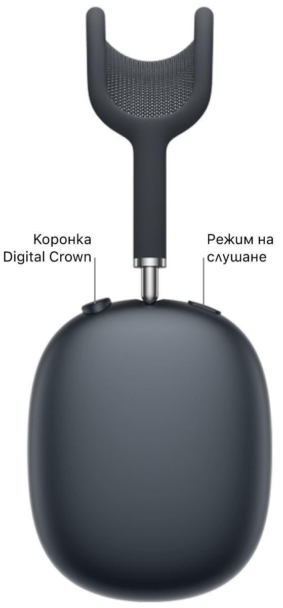 Дясната слушалка на AirPods&nbsp;Max 2, която показва коронката Digital Crown горе вляво на слушалката и бутона за режим на слушане горе вдясно.