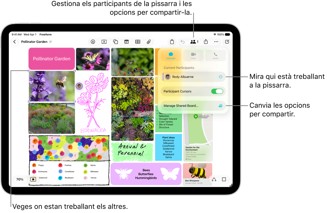 Una pissarra compartida de l’app Freeform de l’iPad amb el menú de col·laboració obert i la ubicació dels altres participants a la pissarra marcada amb marques de color.