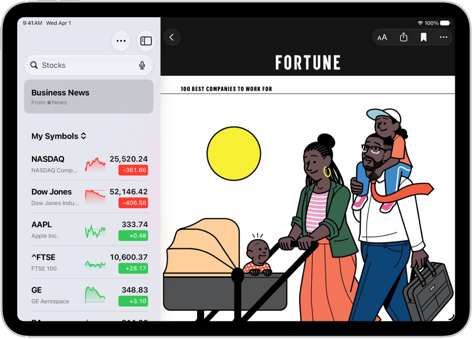 A business-related article from Apple News in the Stocks app. At the top-left corner of the article is the Back button to return to the other suggested stories. At the top-right corner are the Text Size, Share, Save, and More Actions buttons.
