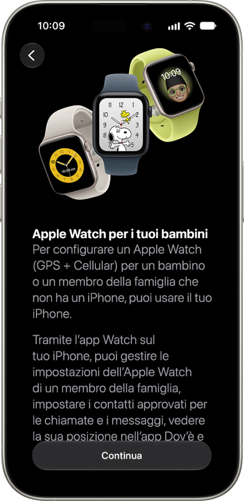 Schermata “Configura un Apple&nbsp;Watch per il minore” con l’opzione per continuare la configurazione.