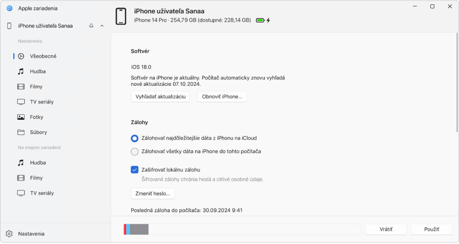 Na postrannom paneli je vybrané zariadenie a v okne sa zobrazujú možnosti synchronizcácie.