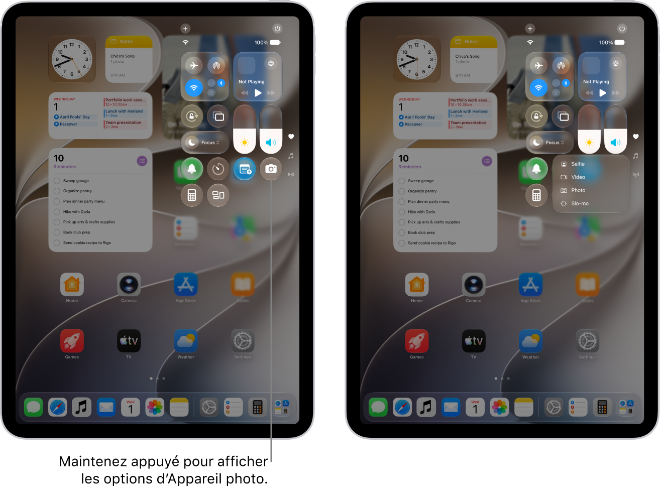 Le centre de contrôle de l’iPad. Les commandes associées au mode Avion, aux données cellulaires, au Wi-Fi et au Bluetooth se situent dans le groupe en haut à gauche du centre de contrôle pour les modèles d’iPad Wi-Fi&nbsp;+&nbsp;Cellular. La commande Caméra se trouve en bas à droite du centre de contrôle. L’écran sur la droite présente le menu des actions rapides qui s’affiche lorsque vous maintenez le doigt sur la commande Caméra.