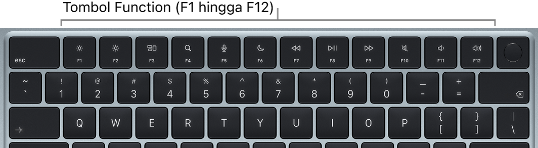 Papan ketik MacBook Air yang menampilkan baris atas tombol fungsi.