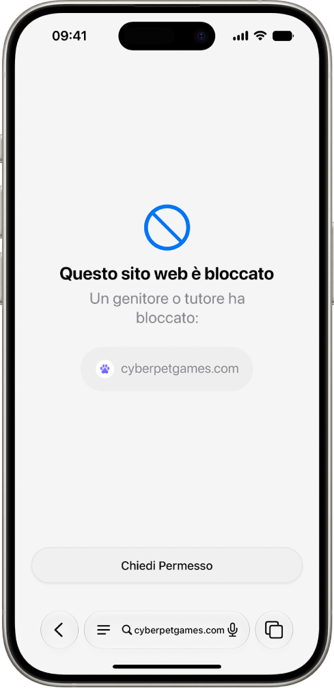 La schermata di “Chiedi di visitare il sito web” che mostra un sito web bloccato in Safari e l’opzione per chiedere il permesso di visualizzarlo.