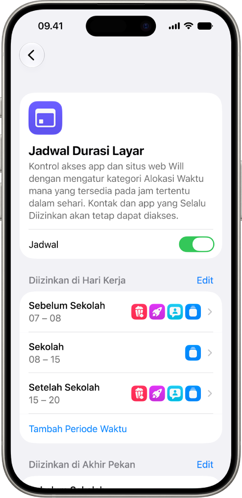 Layar Jadwal Durasi Layar di Pengaturan Durasi Layar, yang menampilkan jadwal hari kerja dengan rentang waktu untuk Sebelum Sekolah, Saat Sekolah, dan Setelah Sekolah.