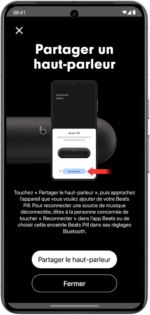 L’écran «&nbsp;Partager un haut-parleur&nbsp;» de l’app Beats affichant les boutons «&nbsp;Partager le haut-parleur&nbsp;» et Fermer.