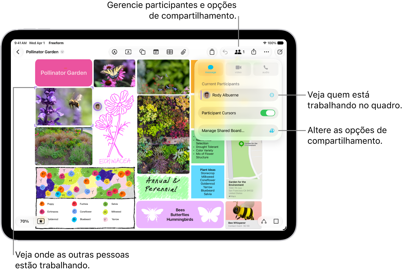Um quadro compartilhado do Freeform no iPad com o menu de colaboração aberto e a localização dos outros participantes do quadro marcada com tiques coloridos.