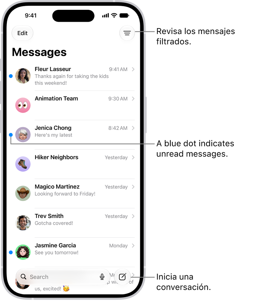 La lista de conversaciones de Mensajes con el botón Redactar en la parte inferior derecha. Un punto azul a la izquierda del mensaje indica que no se ha leído.