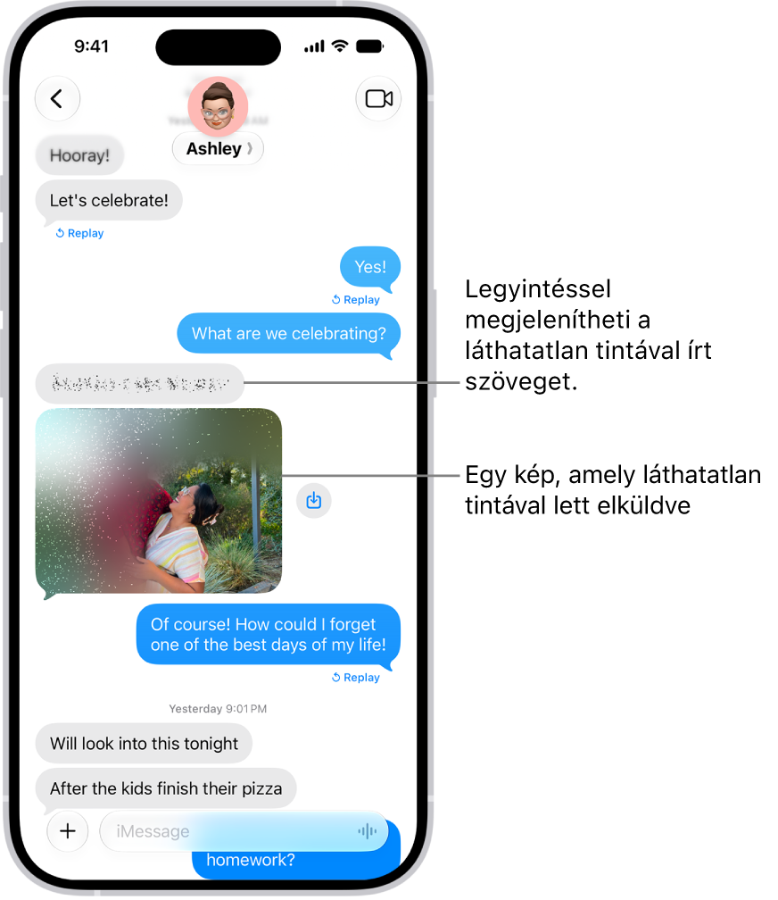Az Üzenetek appban folytatott beszélgetés, amely tartalmaz egy szöveges üzenetet és egy fotót, amelyet láthatatlan tintával küldtek.