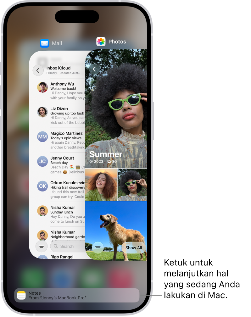 Pengalih App di iPhone yang menampilkan pemberitahuan handoff di bagian bawah layar.