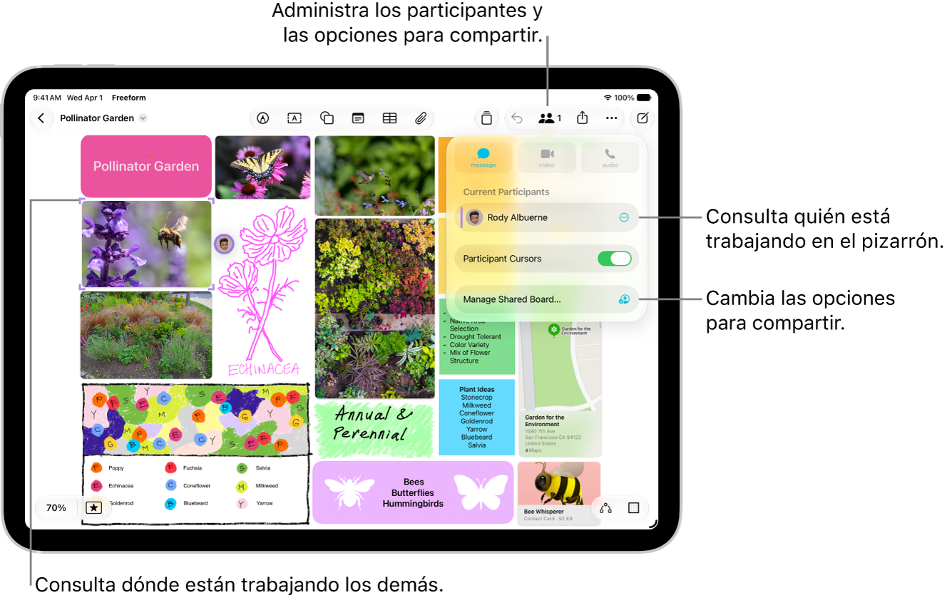 Un pizarrón de Freeform compartido en un iPad con el menú de colaboración abierto y la ubicación de otros participantes en el pizarrón indicada con marcas de colores.
