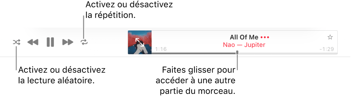 La partie supérieure d’Apple Music avec un morceau en cours de lecture. Les commandes de lecture se trouvent tout à gauche. Le bouton « Ordre aléatoire » se trouve à gauche des commandes de lecture et le bouton Répéter à droite des commandes. Faites glisser la tête de lecture dans la barre de progression pour accéder à une autre partie du morceau.