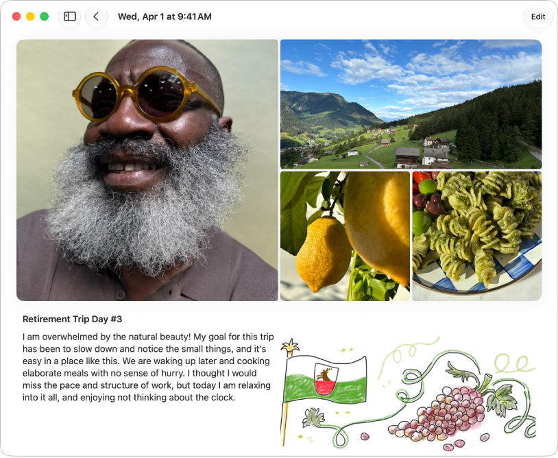 A screen in the Journal app showing an entry with photos, text, and a drawing.