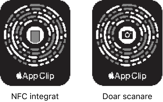 În stânga, un cod App Clip integrat în NFC cu pictograma unui iPhone în centru. În dreapta, un cod App Clip doar pentru scanare cu pictograma unei camere în centru.
