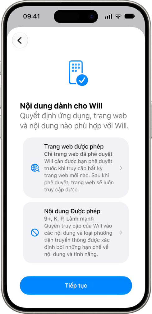 Màn hình thiết lập kiểm soát của phụ huynh đang hiển thị các tùy chọn cho loại nội dung có thể truy cập, ví dụ như ứng dụng và trang web.