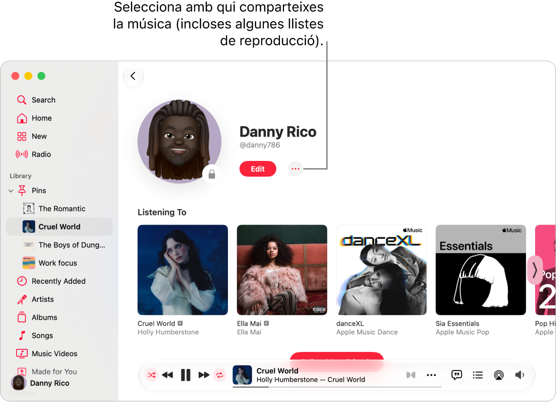 La pàgina de perfil de l’Apple Music: a la part superior de la finestra, fes clic al botó “Més” (a la dreta del botó “Edita”) per compartir la música.