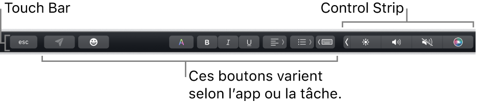La Touch&nbsp;Bar en haut du clavier affichant la Control&nbsp;Strip développée à droite et les boutons qui varient en fonction des apps ou des tâches.