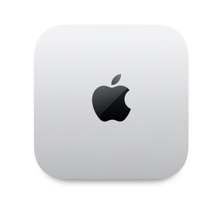 Mac mini компьютерінің жоғарыдан көрінісі.