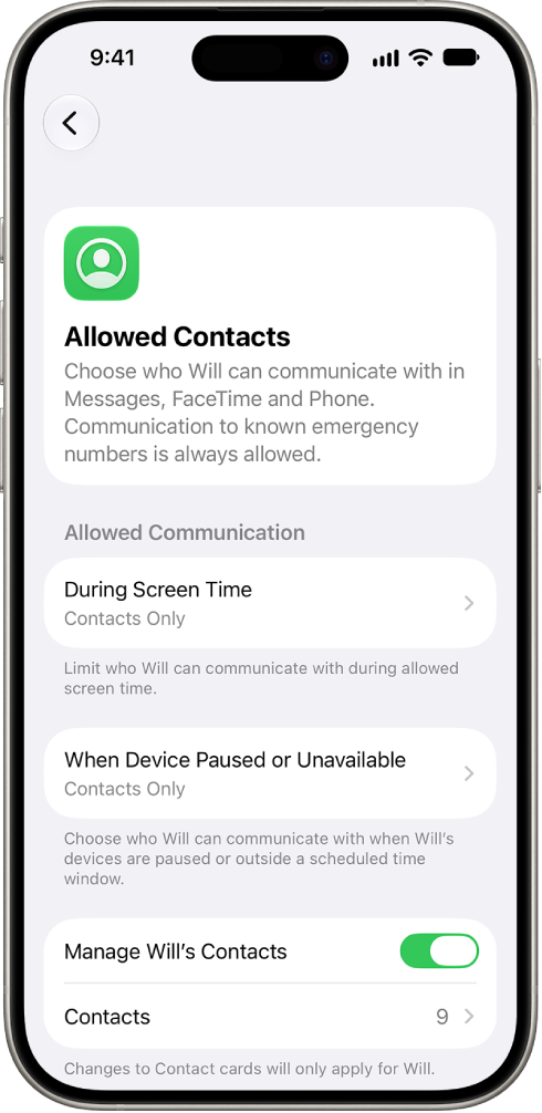 The Allowed Contacts screen in Screen Time settings, showing options for allowed communication during Screen Time, allowed communication when devices are paused, and contact management.