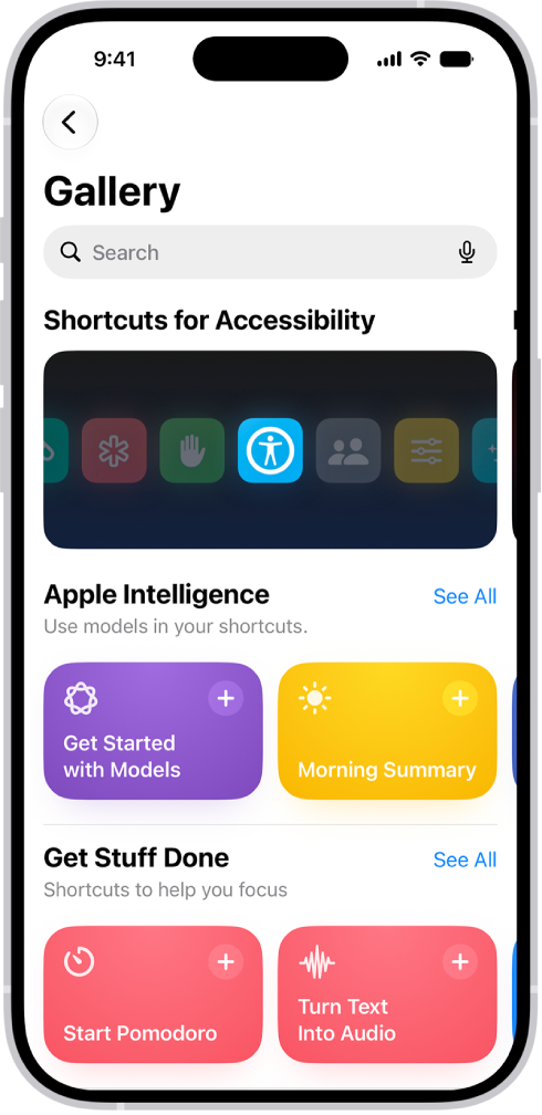 The Gallery screen in the Shortcuts app with a search field at the top. Below are three galleries: Shortcuts for Accessibility, Get Stuff Done, and Quick Shortcuts. At the bottom of the screen are the Shortcuts, Automation, and Gallery buttons. Gallery is selected.