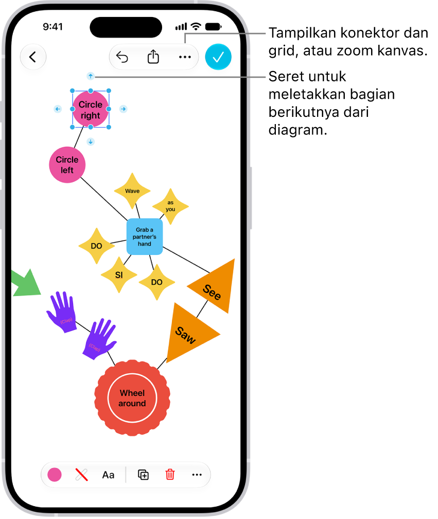 Diagram di bidang Freeform, dengan penghubung ditampilkan di bentuk yang dipilih, dan alat pemformatan bentuk terlihat di bagian bawah layar.