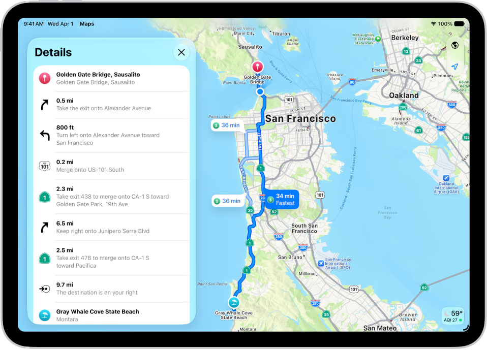 A map showing three options for routes and a detailed list of steps to get to a destination with the fewest turns.