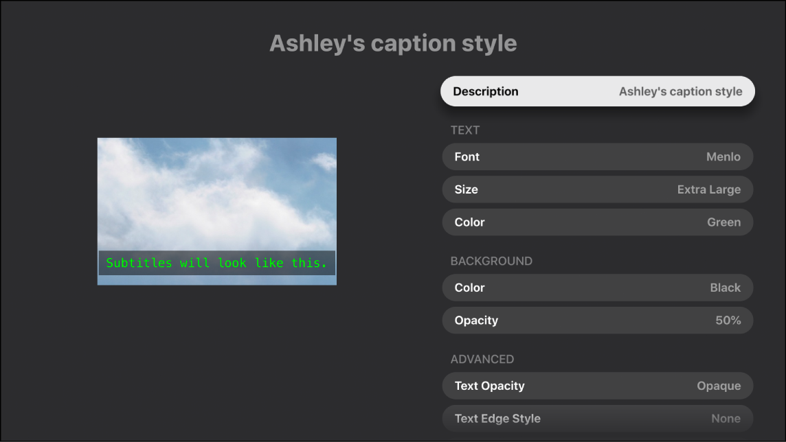 Apple TV app caption style customization screen with a custom style applied.