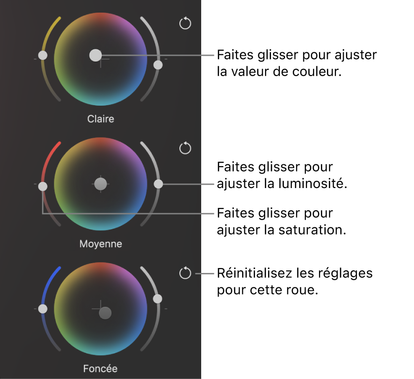 Commandes de la roue «&nbsp;Couleur à 3 voies&nbsp;» dans la sous-fenêtre «&nbsp;Réglages des couleurs&nbsp;».