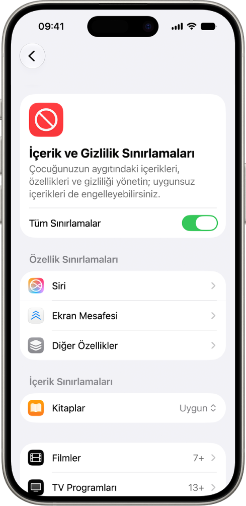Özellik ve İçerik Sınırlamaları seçeneklerini gösteren Ekran Süresi’ndeki İçerik ve Gizlilik Sınırlamaları ekranı.
