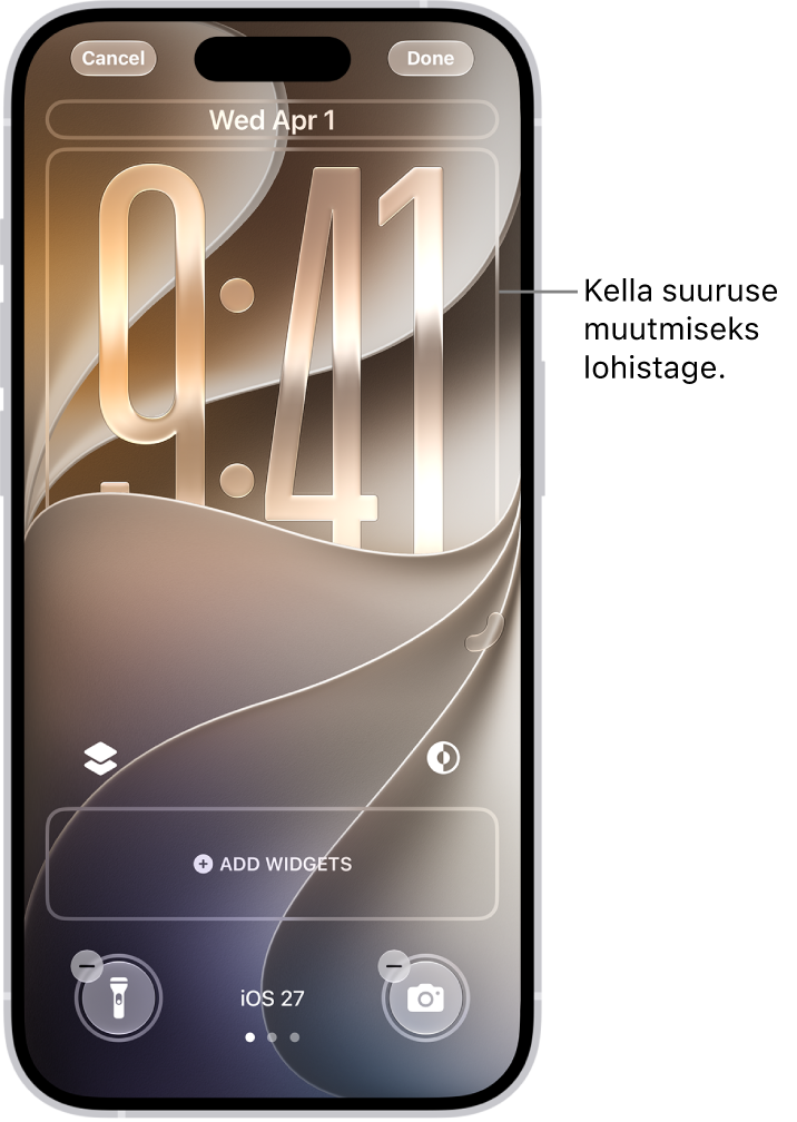 Kohandatud Lock Screen-kuva muutmise protsess. Valitud on kohandamiseks saadaolevad elemendid – kuupäev, kellaaeg ning nupp vidinate lisamiseks.