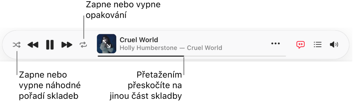 Horní část okna Apple&nbsp;Music s&nbsp;přehrávanou skladbou. Úplně nalevo jsou ovládací prvky přehrávání.
