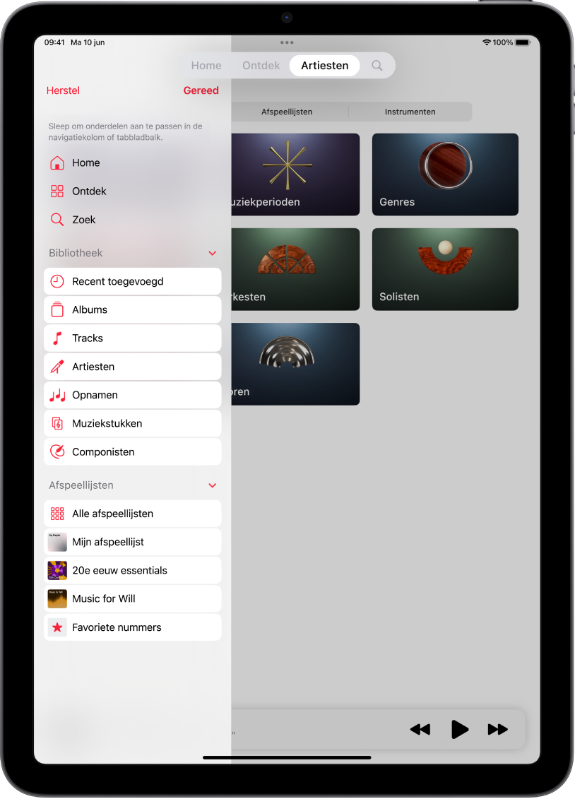 iPad in de staande richting met opties om de navigatiekolom aan de linkerkant en de tabbladbalk aan de bovenkant van het scherm te bewerken.