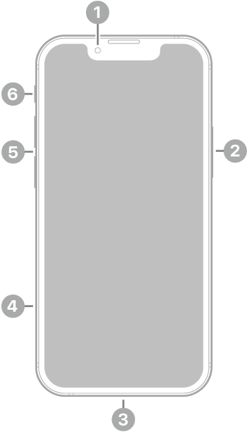 La vue de face de l’iPhone&nbsp;13 mini. La caméra avant se trouve en haut au centre. Le bouton latéral est situé sur le côté droit. Le connecteur Lightning se trouve en bas. Sur le côté gauche, de bas en haut, se trouvent le support pour carte SIM, les boutons de volume et le bouton Sonnerie/Silence.