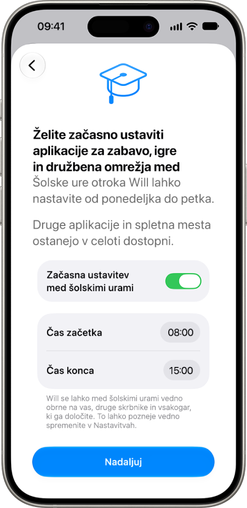 Zaslon za nastavitev starševskega nadzora, na katerem so prikazane možnosti za izbiro ur, med katerimi mora biti uporaba naprave med šolskim poukom prekinjena.