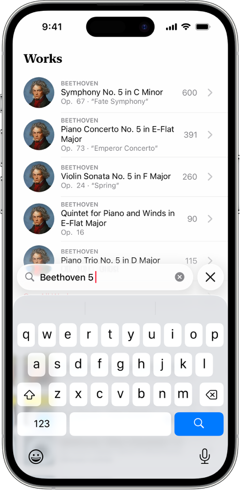 An iPhone showing the Search tab in Apple Music Classical. The search field is at the top of the screen, and a list of results is below it.