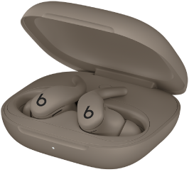 Powerbeats&nbsp;Fit-öronsnäckor och laddningsetui i grusgrått.
