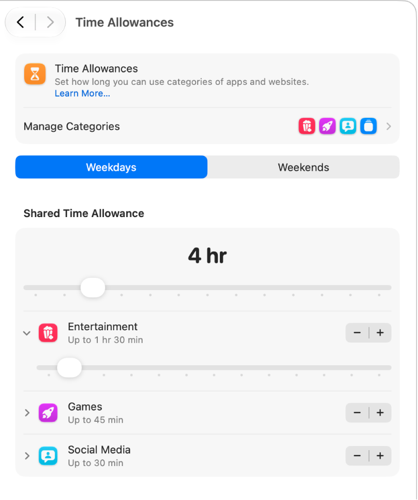 Der Bildschirm „Nutzungszeiten“ zeigt die erlaubte Zeit auf dem Mac und die erlaubte Zeit in Apps an.