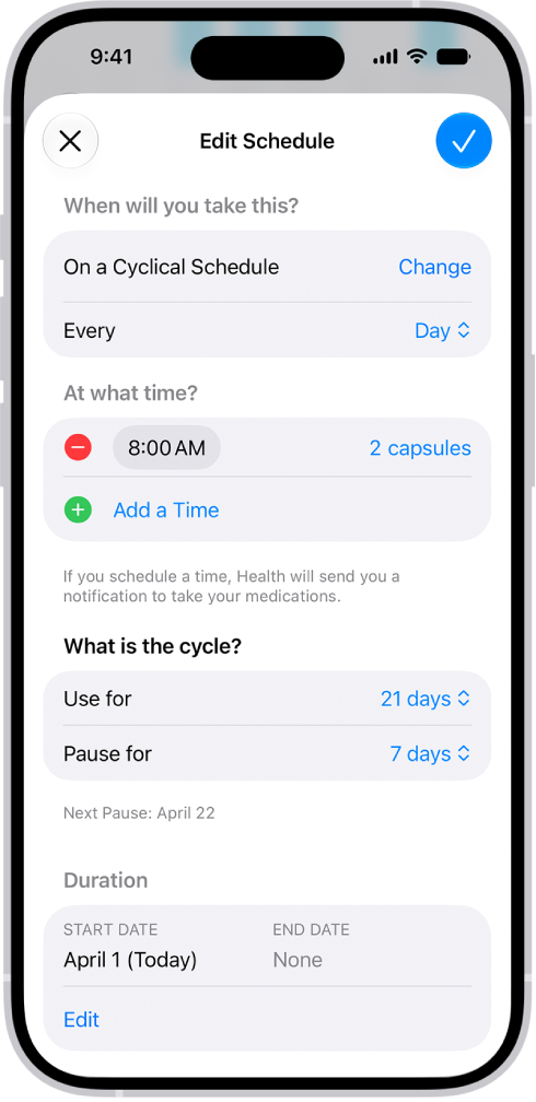 The Medications screen in Health showing options to change the schedule for a medication.