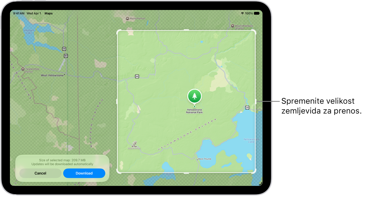 iPad z zemljevidom nacionalnega parka. Park je uokvirjen s pravokotnikom z ročaji, ki jih lahko premikate, da spremenite velikost prenosa zemljevida. Velikost prenosa izbranega zemljevida je prikazana na dnu zemljevida. Gumba Prekliči in Prenos sta na dnu zaslona.