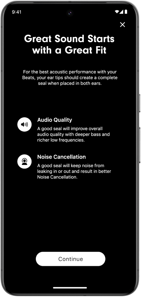 An Android device screen displaying the Ear Tip&nbsp;Fit&nbsp;Test.