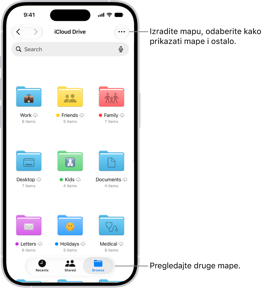 U aplikaciji Datoteke prikazuju se datoteke i mape na vašem iCloud Driveu. Izbornik Više sadrži opcije za odabir stavki, izradu nove mape, skeniranje dokumenata i spajanje na server. Ispod toga nalaze se opcije za prikaz stavki na zaslonu kao što su Ikone ili Popis. Pri dnu se nalaze opcije razvrstavanja za Naziv, Vrstu, Datum, Veličinu i Oznake nakon čega slijedi Prikaži opcije.