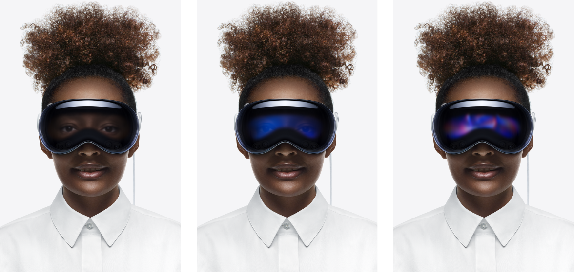 ثلاثة عروض لميزة EyeSight على Apple&nbsp;Vision&nbsp;Pro: الأول مع ظهور عيني الشخص، والثاني مع حجب العينين جزئيًا باستخدام رسم متحرك، والثالث مع إخفاء العينين بالكامل باستخدام رسم متحرك.