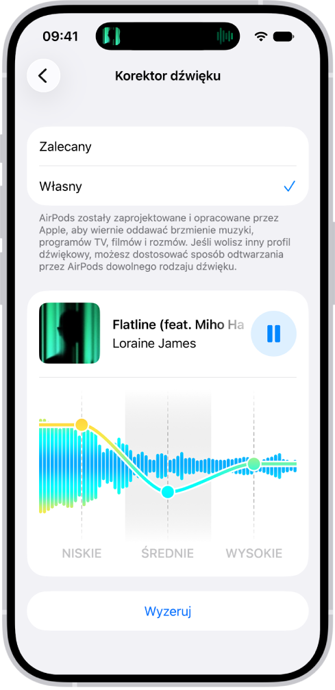 Ekran iPhone'a przedstawiający korektor dźwięku ustawiony na tryb Własny, z&nbsp;suwakami Niskie, Średnie i&nbsp;Wysokie poniżej.