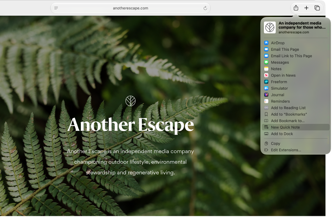 A Safari window shows a webpage with the Share menu open with various share options—including Add to Quick Note.