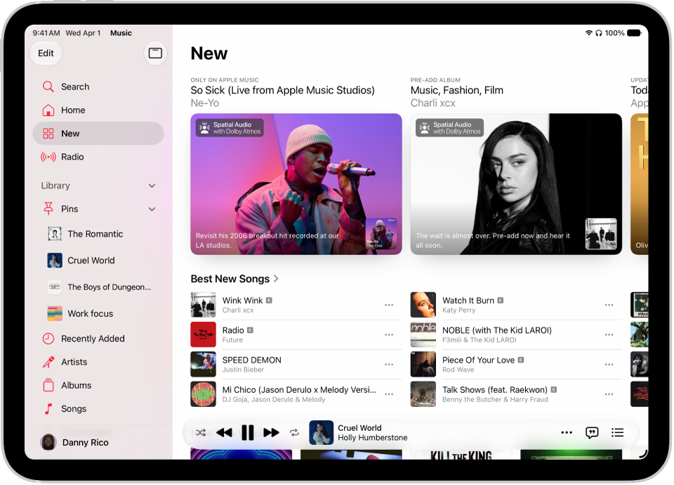 The New tab showing the sidebar on the left and the New section at the right. The New tab shows featured music at the top. Swipe left to see more featured music and videos. The Best New Songs section appears below. The MiniPlayer is at the bottom.