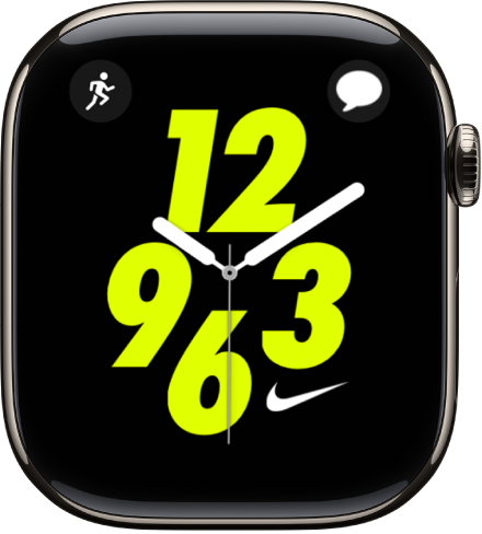 Циферблат Nike (аналоговый) с&nbsp;расширением «Тренировка» вверху слева и&nbsp;расширением «Сообщения» вверху справа. В&nbsp;центре расположен аналоговый циферблат.