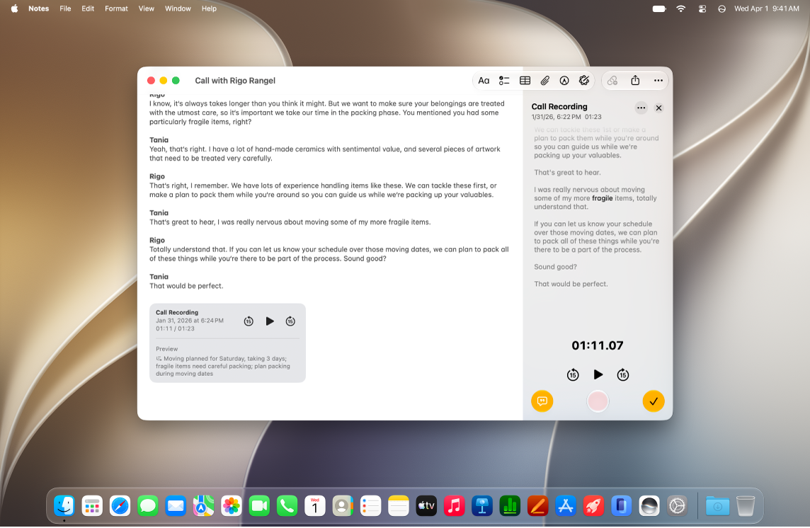 A Notes app window on Mac showing an audio recording and summary within the note body. A transcription of the audio recording is shown in the audio details section.