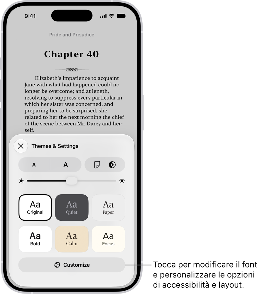La pagina di un libro nell’app Libri. Le opzioni “Temi e impostazioni” mostrano i controlli per le dimensioni del font, la vista a scorrimento, lo stile del giro pagina, la luminosità e gli stili per il font.