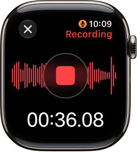 The Voice Memos app in the midst of recording a memo. A red Stop button is in the middle. Below is the recording’s elapsed time. The word Recording appears at the top right.