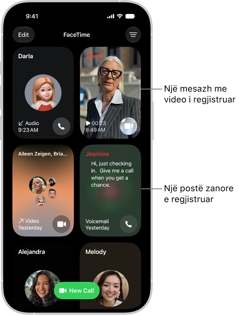 Historiku i telefonatave FaceTime, që tregon një kontakt të sugjeruar, një mesazh me video të regjistruar, një mesazh zanor dhe një telefonatë me video në grup në FaceTime.